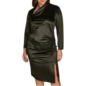 Donna Karan Plus Size 24W Black Satin Velvet Ruched Midi Dress Long Sleeve Party